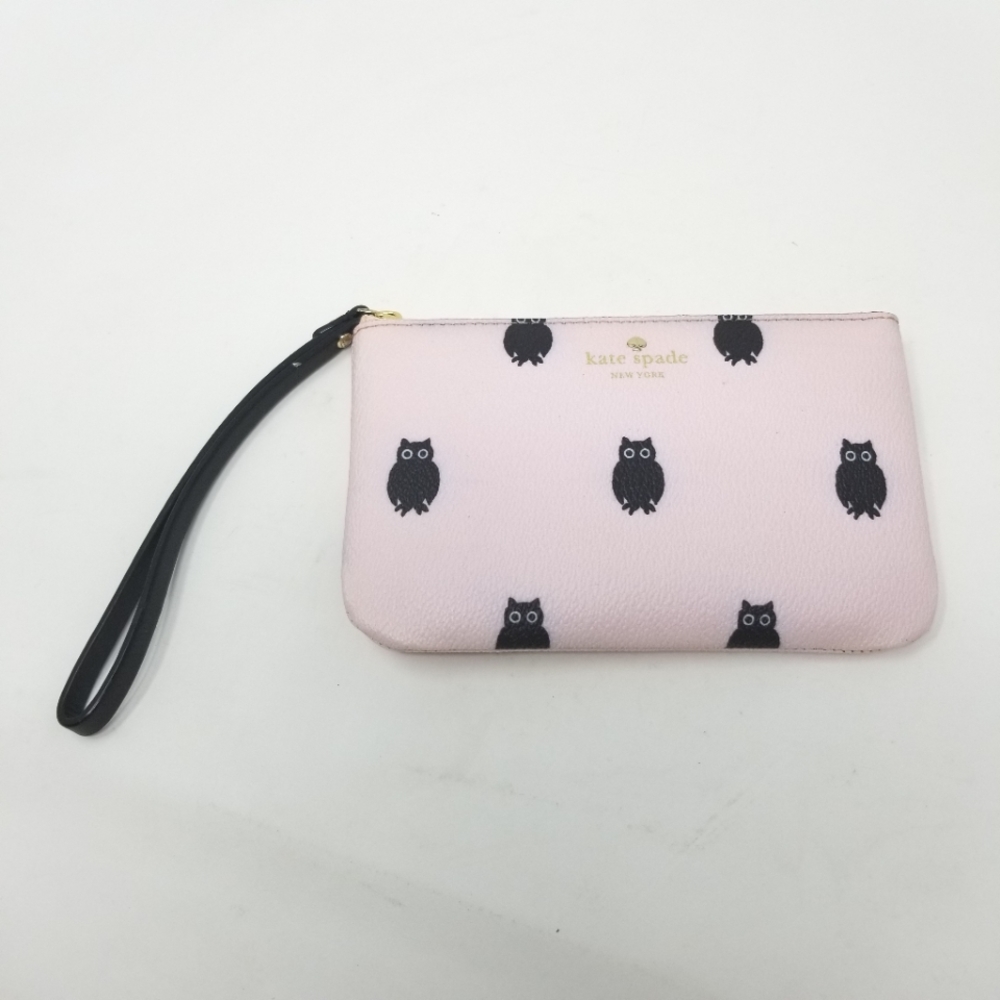 Kate Spade Light Pink & Black Owl Printed Wristlet Clutch ♠️ Novelty Bag